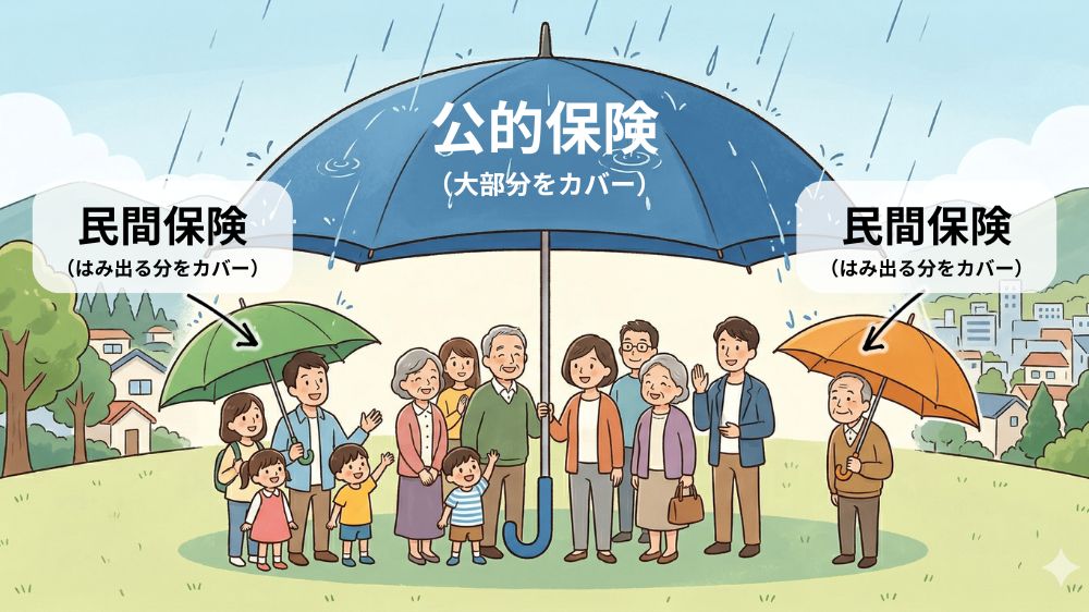 公的保険と民間保険のイメージ