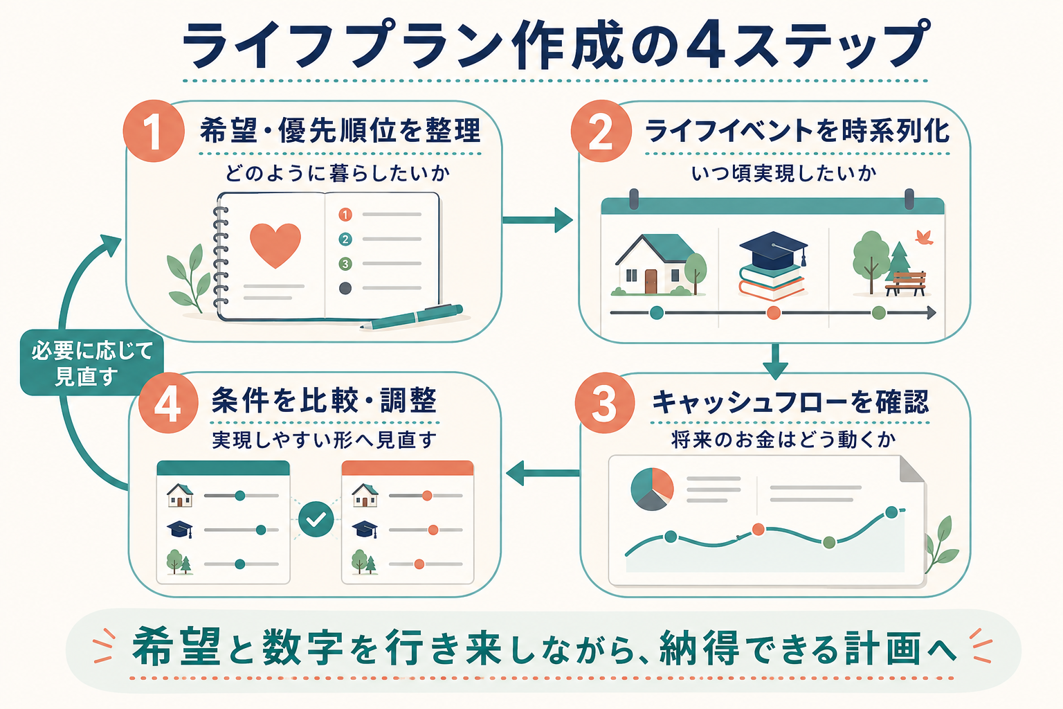 希望の整理から条件の比較・調整まで、ライフプランを作成する4ステップ